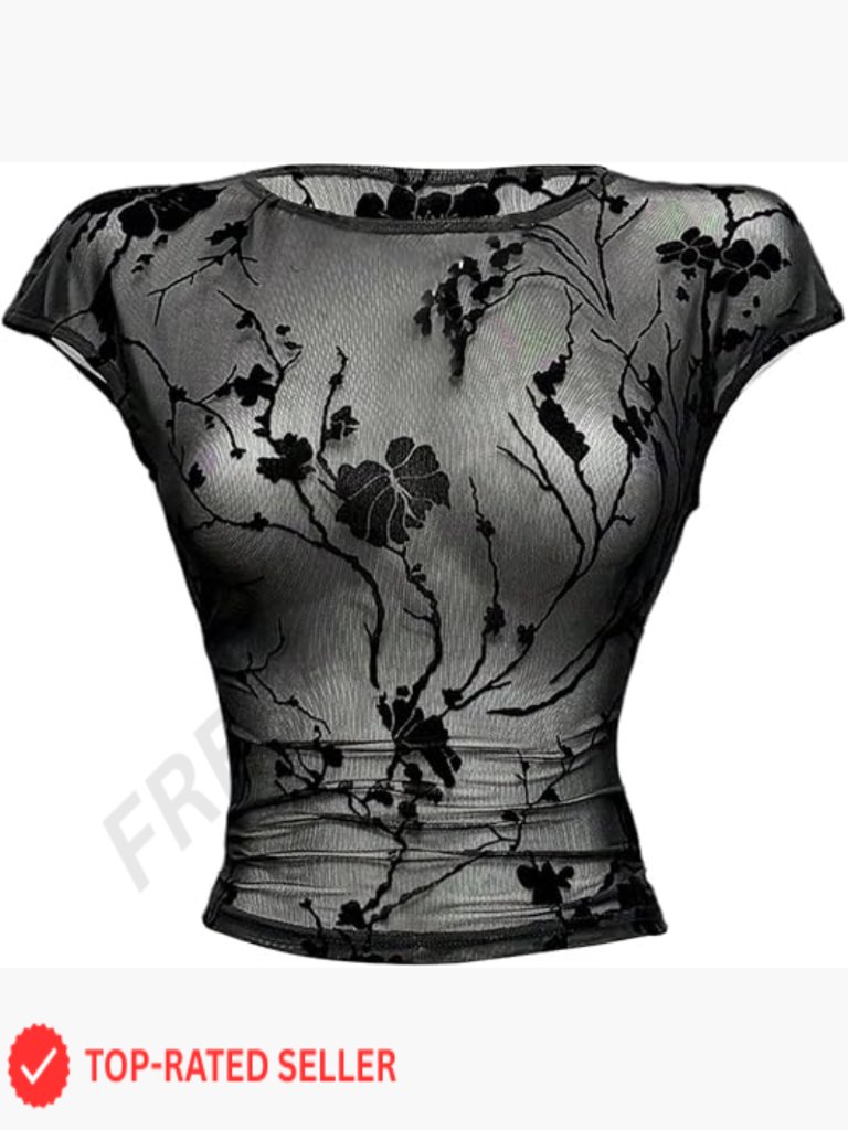 Y2k Goth Floral Mesh Sheer Cap Sleeve Crop Top Slim Fit Crew Neck